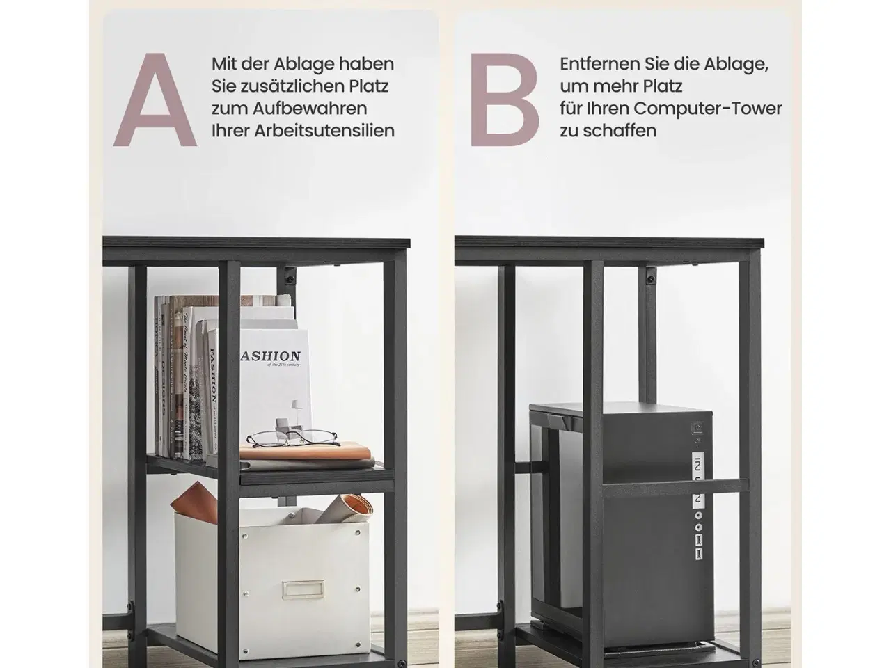 Billede 4 - L-formet hjørneskrivebord 138 × 138 × 76 cm – gaming- og arbejdsbord med 2 opbevaringshylder, sort trælook