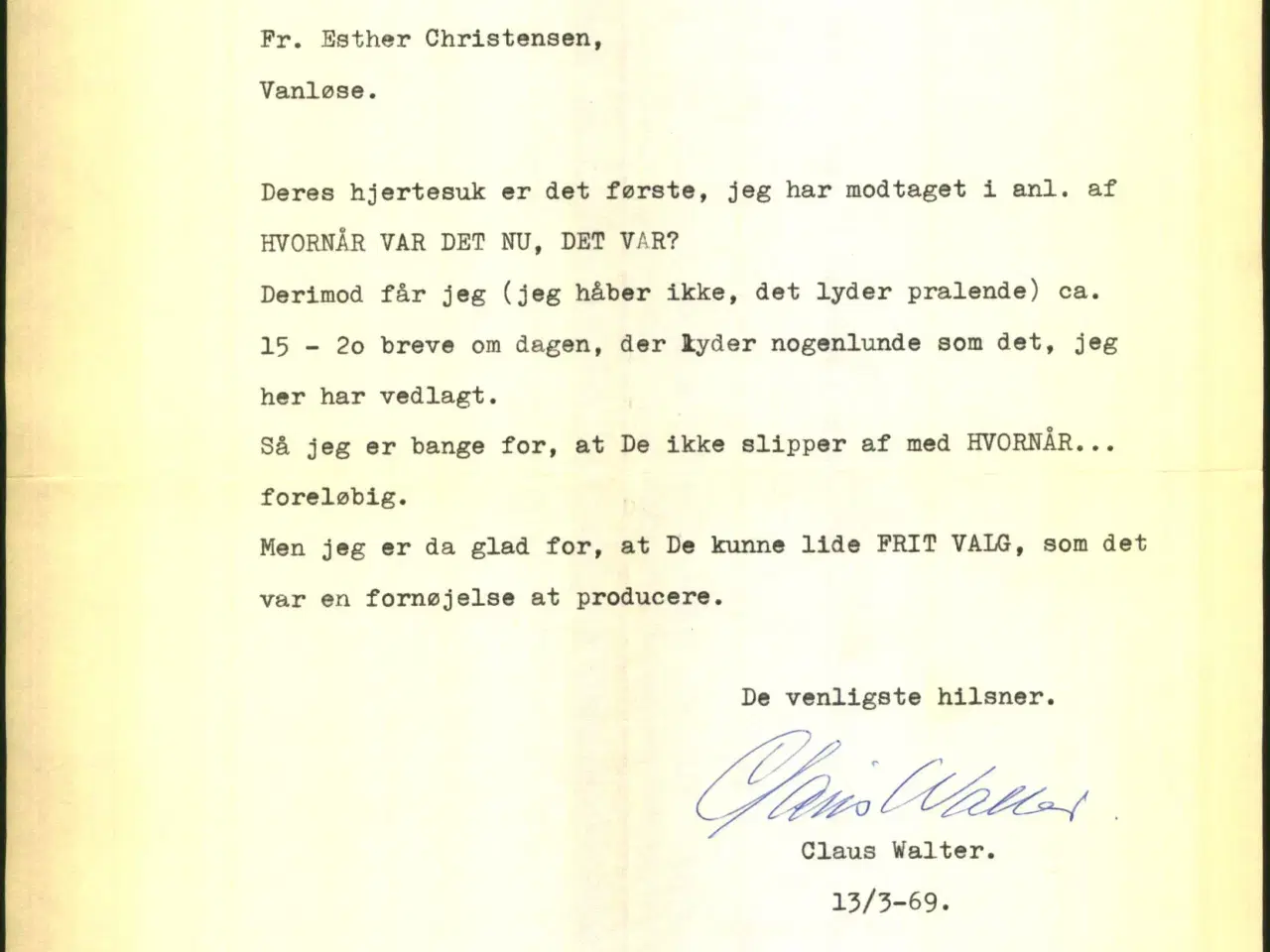 Billede 1 - Autograf - Brev fra Claus Walter - 1969