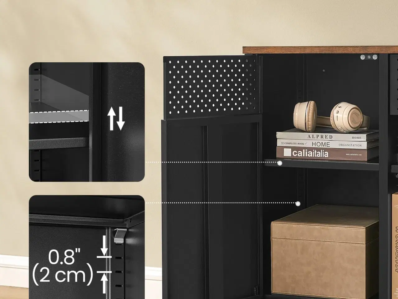 Billede 5 - Metalskab/sideboard med 2 døre – justerbare hylder, rustik brun & mat sort