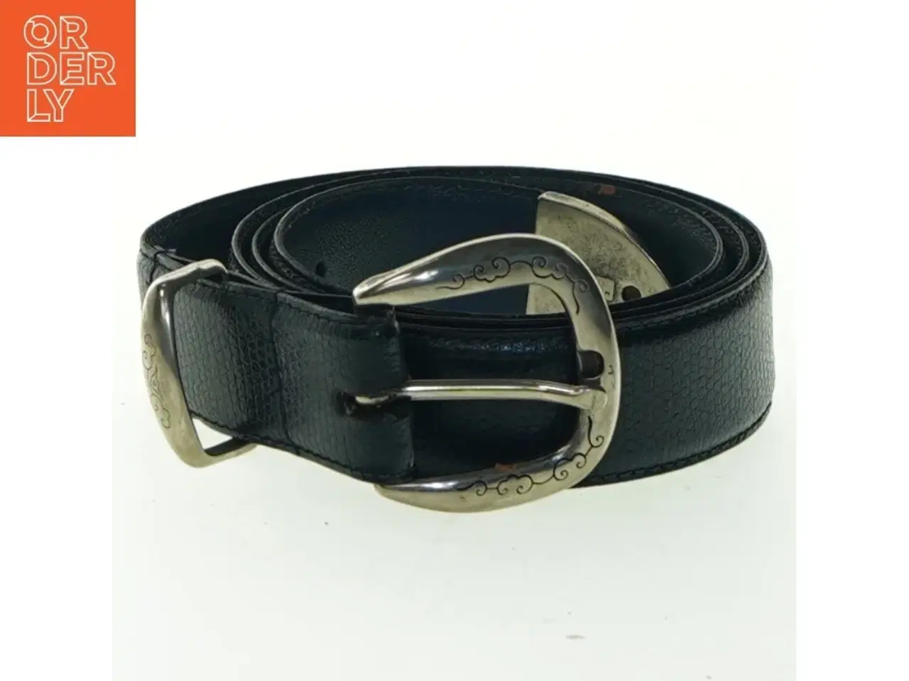 Billede 1 - Sort/blåt læderbælte med metalspænde (str. 82 cm - første hul)