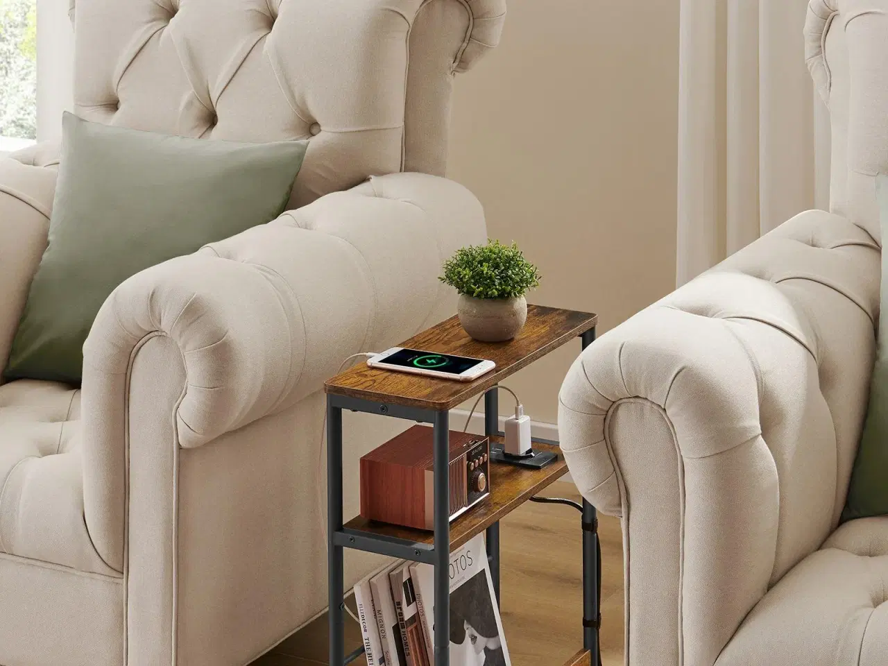 Billede 2 - Sidebord med strømudtag slim 3-etagers, tidløst rustikt brun/sort