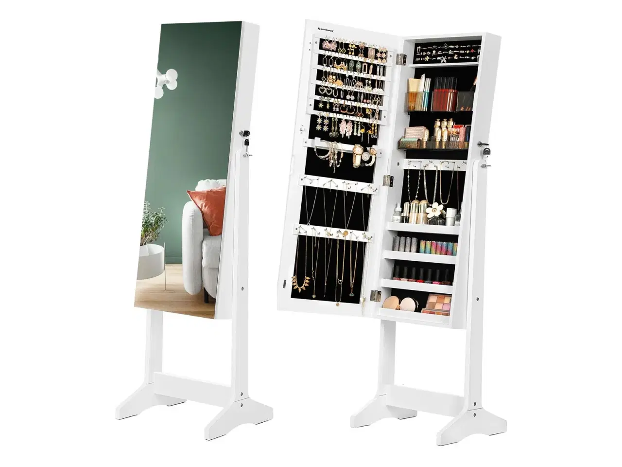 Billede 2 - Smykkeskab med spejl fritstående, låsbart, helkropsspejl, hvid