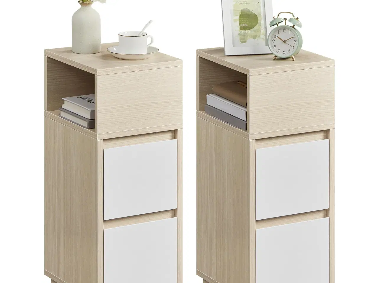 Billede 1 - Sæt med 2 slanke sengeborde med skuffer – KAILYN, naturbeige/cloud hvid