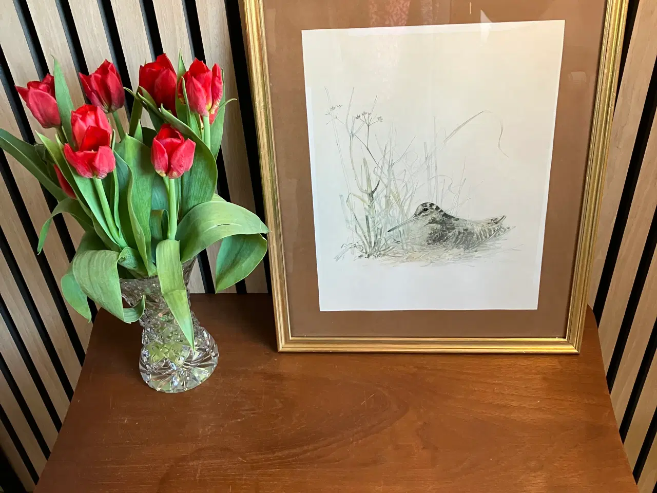 Billede 1 - Vintage Mads Stage billede af skovsneppe i græs.