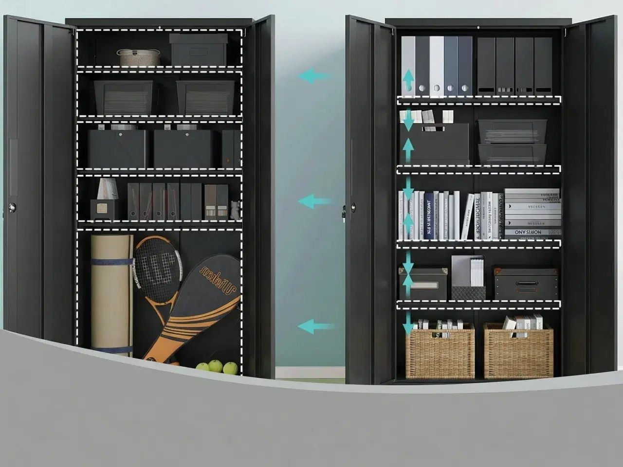 Billede 6 - Stål opbevaringsskab med lås – 4 justerbare hylder, dobbeltlåger, sort (80 × 180 × 40 cm)