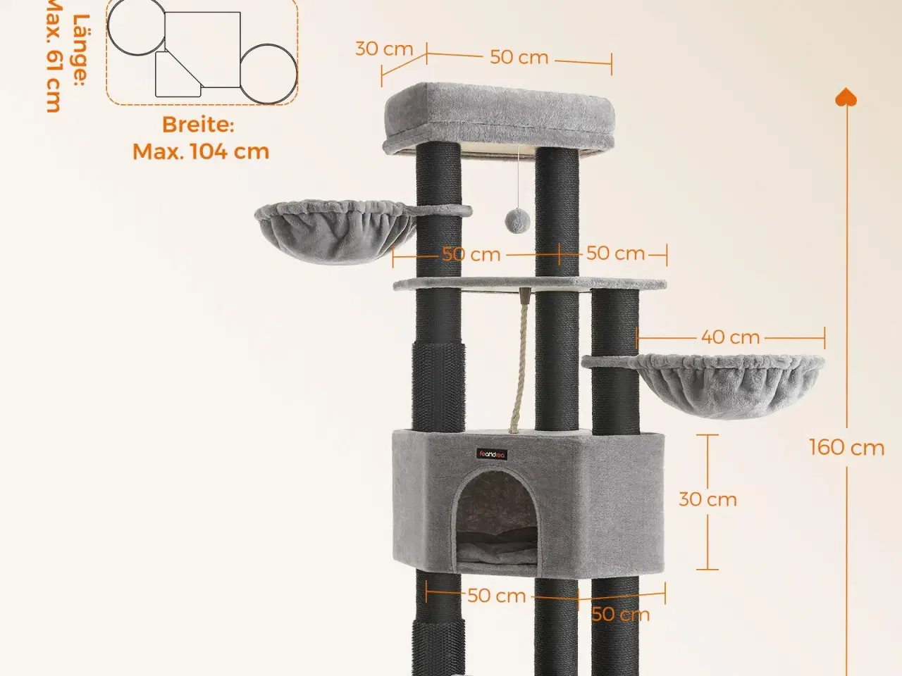 Billede 6 - Kattetræ til store katte – FEANDREA, robust kradsetræ med selvopvarmende puder, 2 selv-plejere, 9 kradsepæle, stor liggeplads, hule og kurve, 50 × 50 × 160 cm, duegrå/sort
