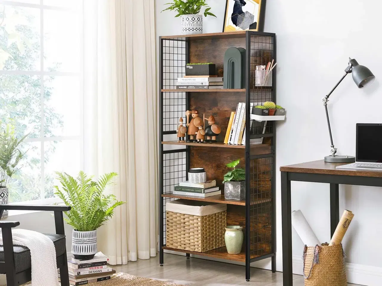 Billede 3 - Bogreol 4 hylder – VASAGLE, stålramme, kroge, rustik brun/sort