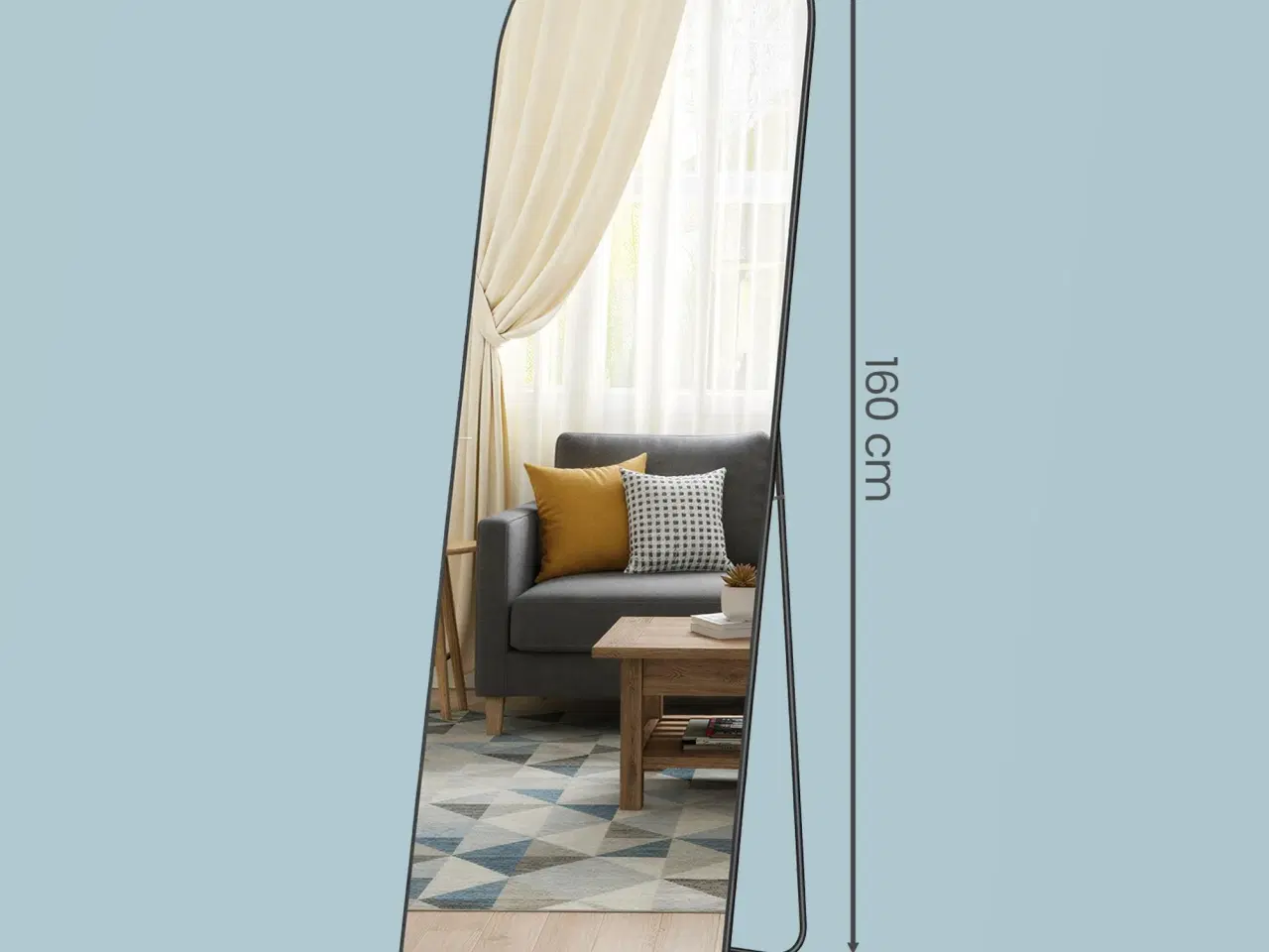 Billede 8 - Gulvspejl fuld længde 160 × 50 cm buet spejl med stander, hærdet glas, aluminiumsramme, Ink Black