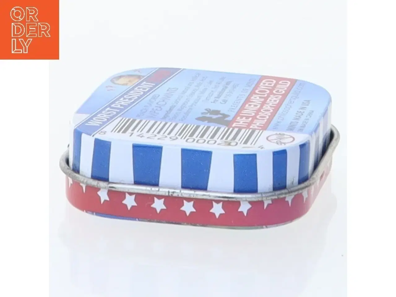 Billede 2 - Metaldåse med pastiller, præsident Bush motiv (str. 4,5 x 4,5 cm)