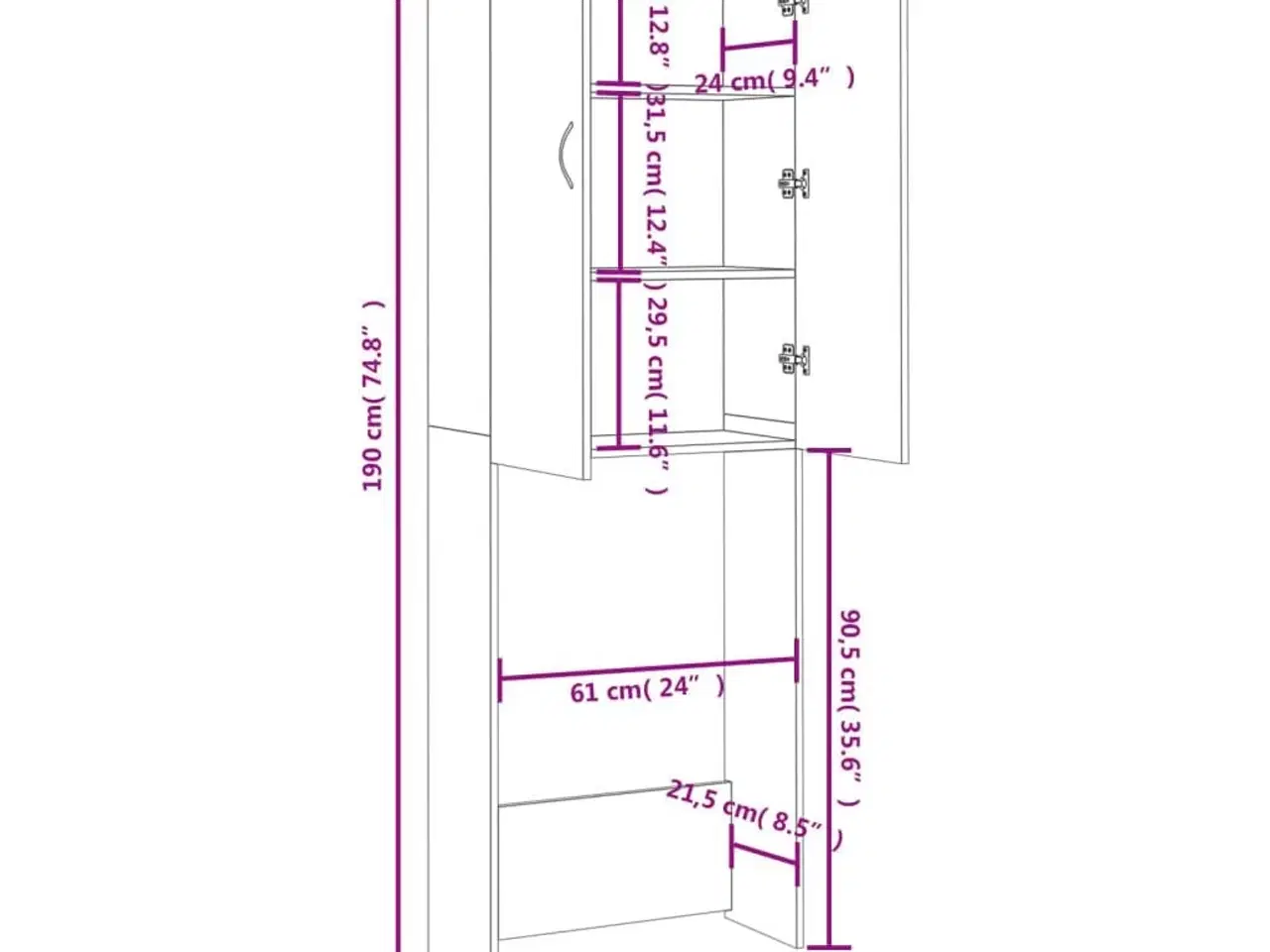 Billede 10 - Vaskemaskineskab 64x25,5x190 cm hvid