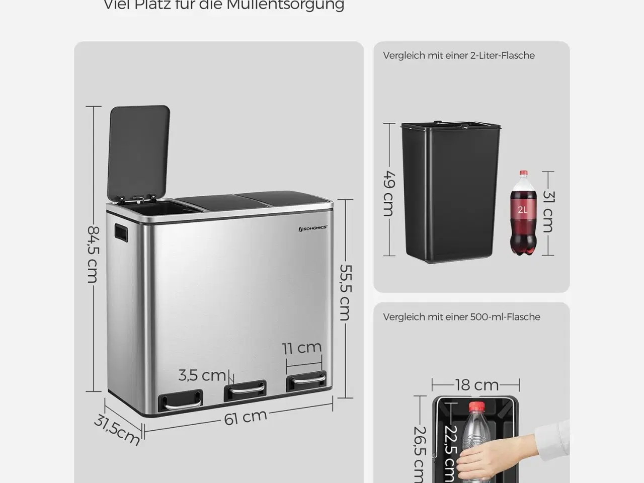 Billede 7 - Skraldespand med pedal 3-rums 3 x 18 l – SONGMICS, sølv/sort