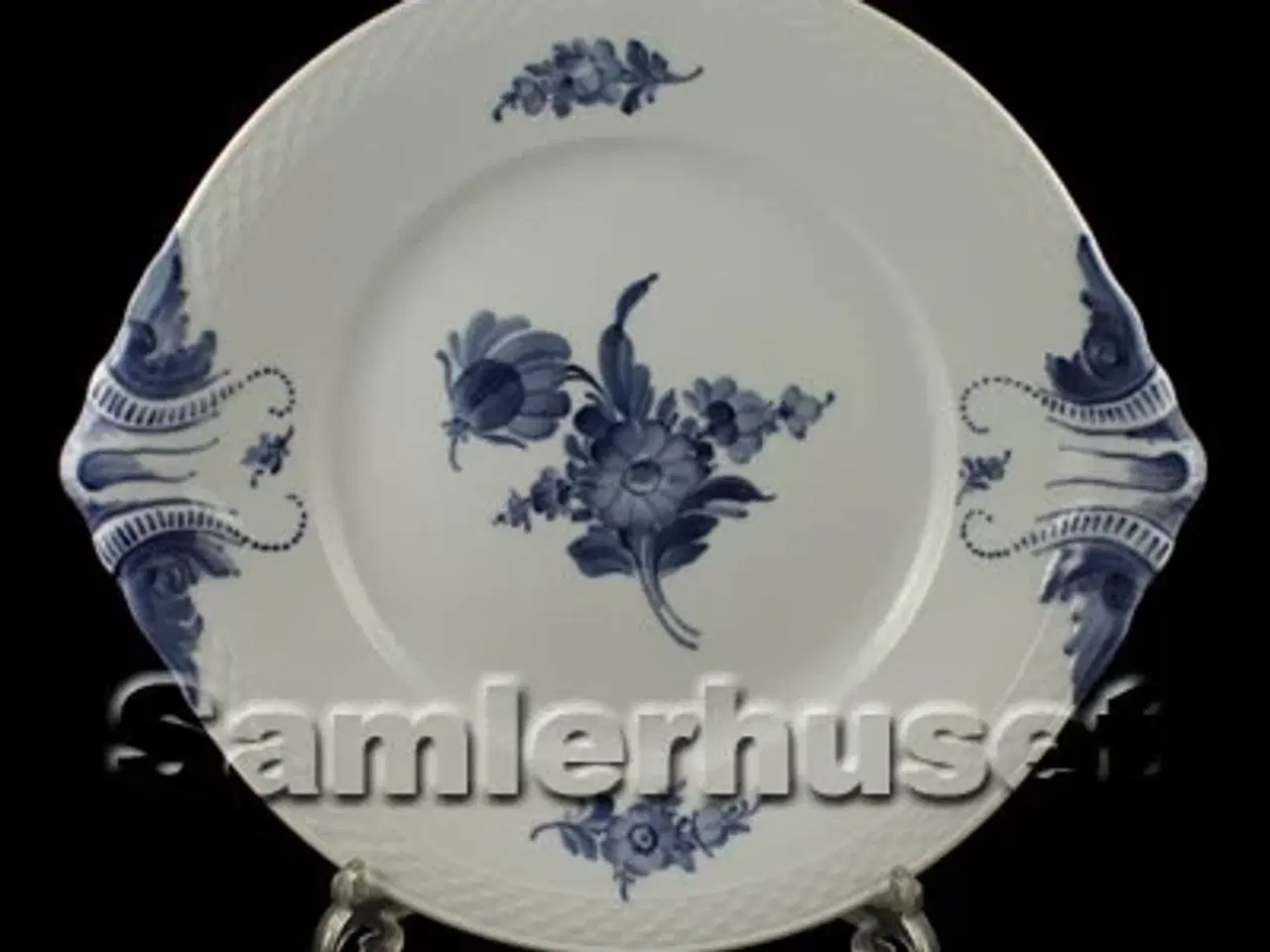 Billede 1 - Blå Blomst Flettet Kagefad Rundt m. ører, 32 cm.