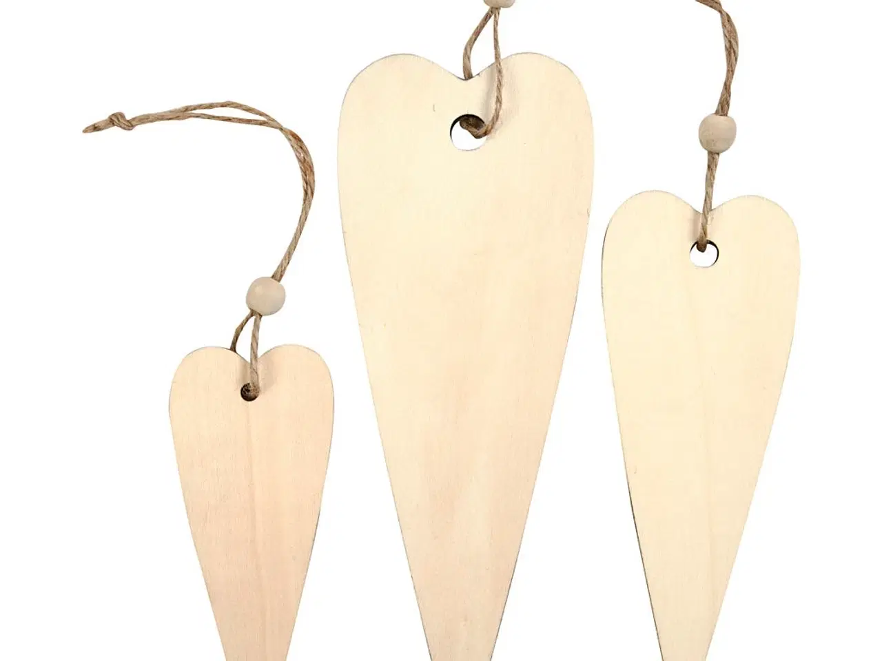 Billede 1 - Træophæng, aflangt hjerte, H: 12+16+20 cm, tykkelse 5 mm, 3stk./ 1 pk.