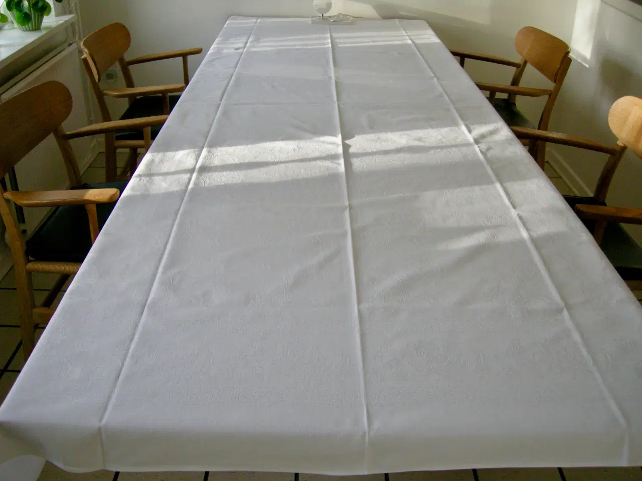 Billede 6 - Lang vintage damask spisebordsdug 130x270, Hvid