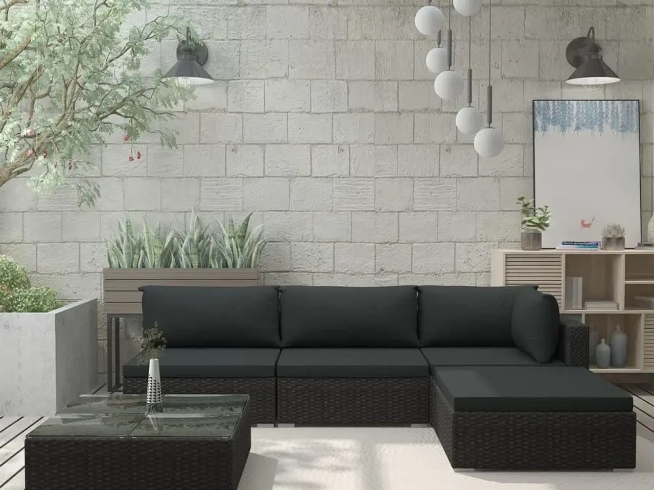Billede 1 - Haveloungesæt 5 dele med hynder polyrattan sort