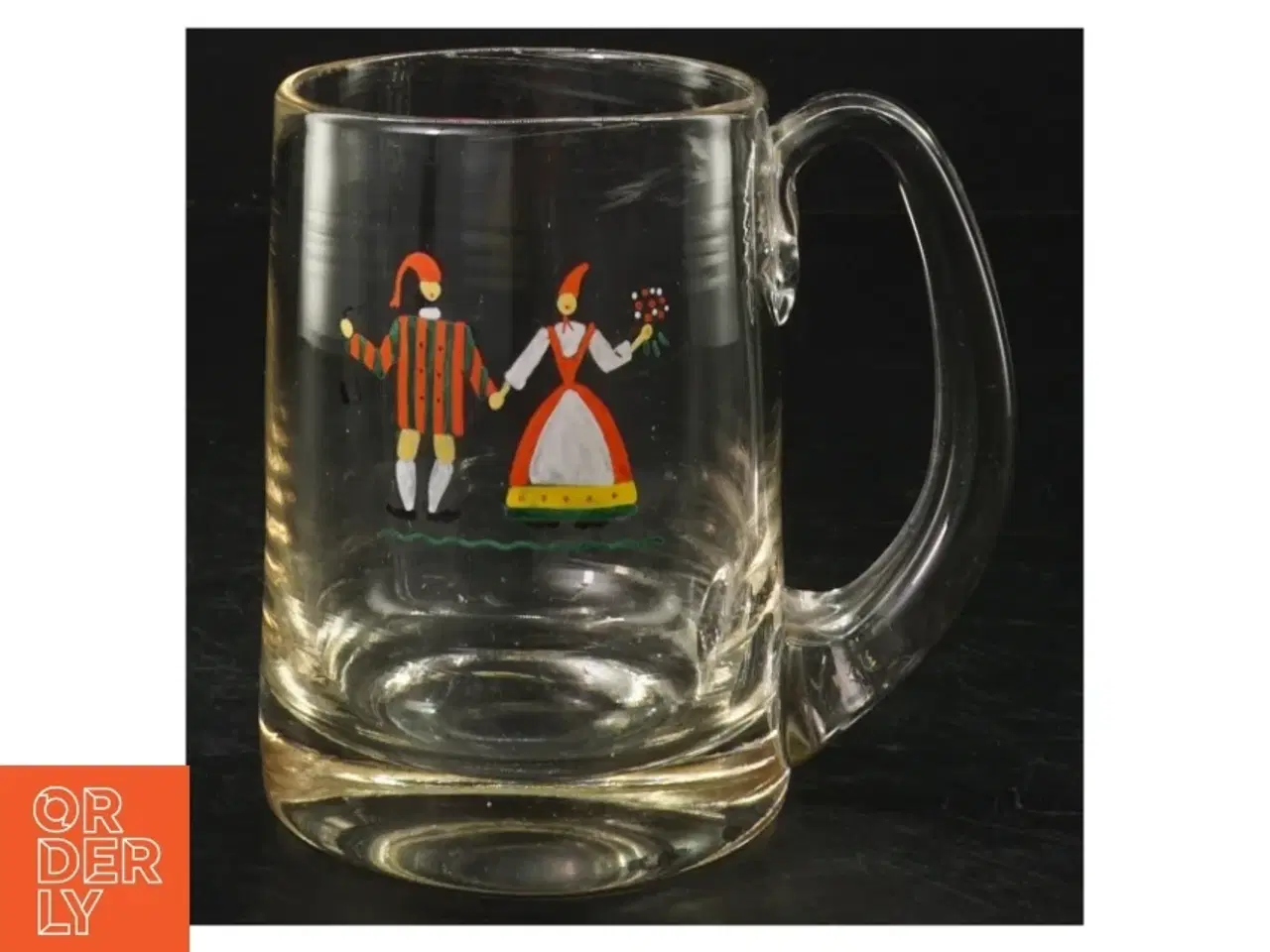 Billede 1 - Glaskrus med folkekunstmotiv (str. H. 11 cm. ø. 8 cm)