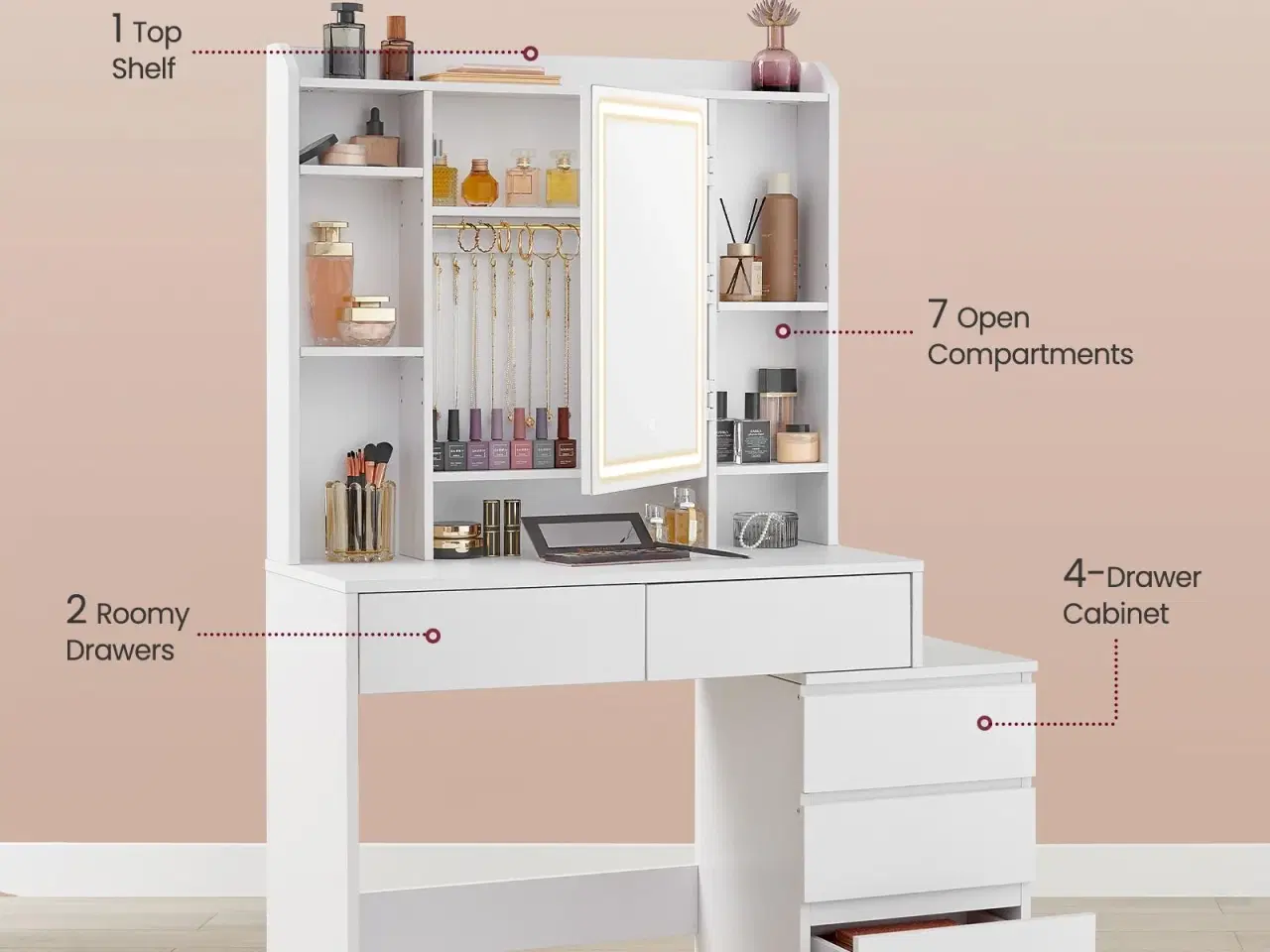 Billede 4 - Makeupbord med LED-lys, spejl og skuffer – 40 × 98,3 × 145 cm, moderne toiletbord i cloud hvid