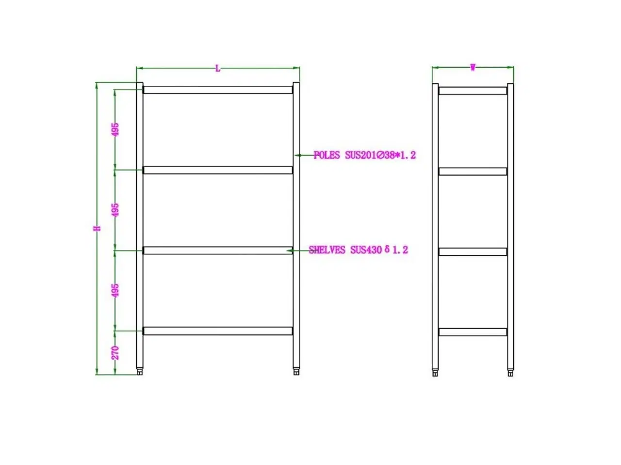 Billede 2 - Stål reol med 4 hylder – B1500 x D500 x H1800 mm
