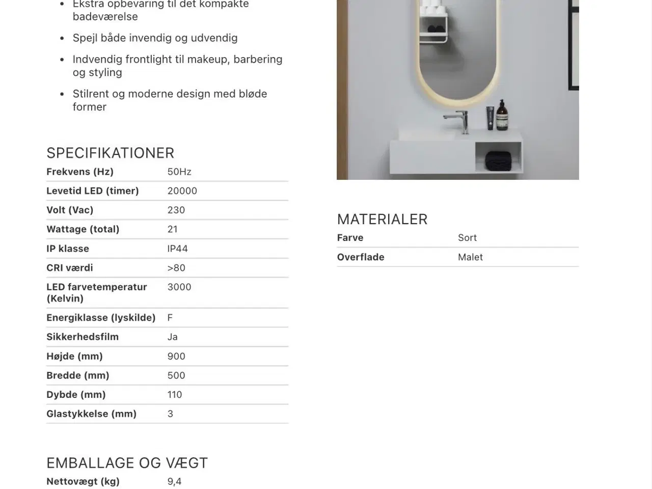 Billede 2 - Spejlskab med 2 hylder og lys