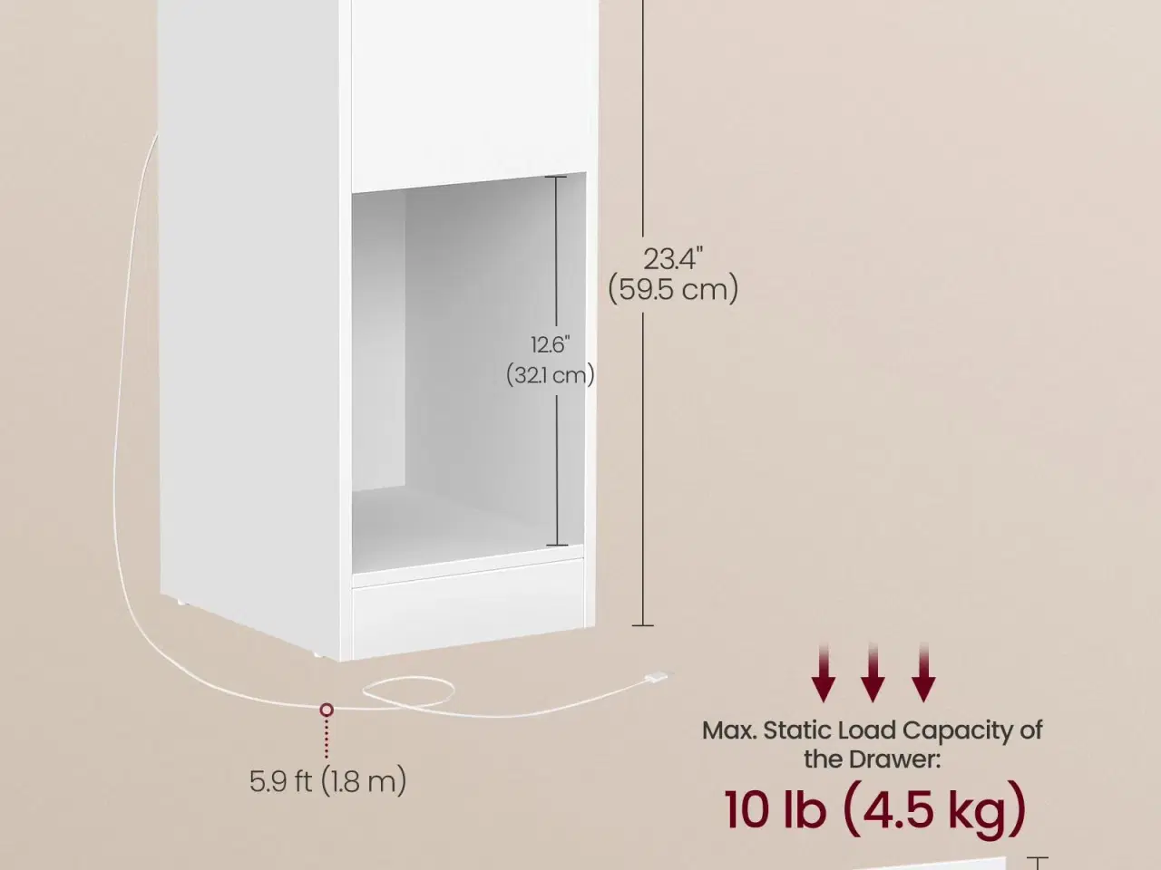 Billede 5 - Sengebord med LED-lys og strømudtag – pladsbesparende natbord, hvid