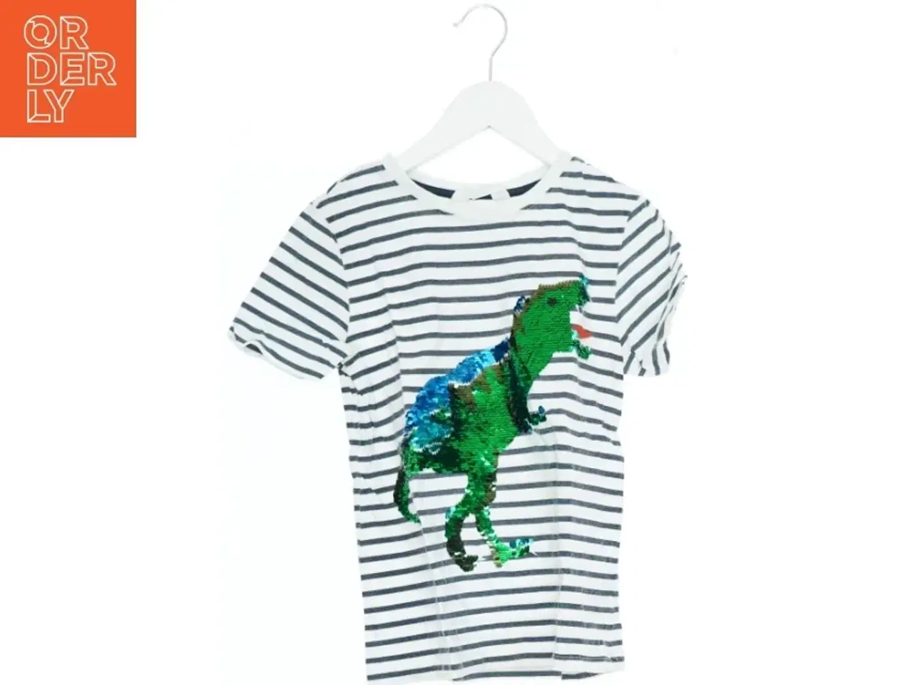 Billede 1 - Stribet t-shirt med dinosaurmotiv i palietter fra H&M (str. 140)