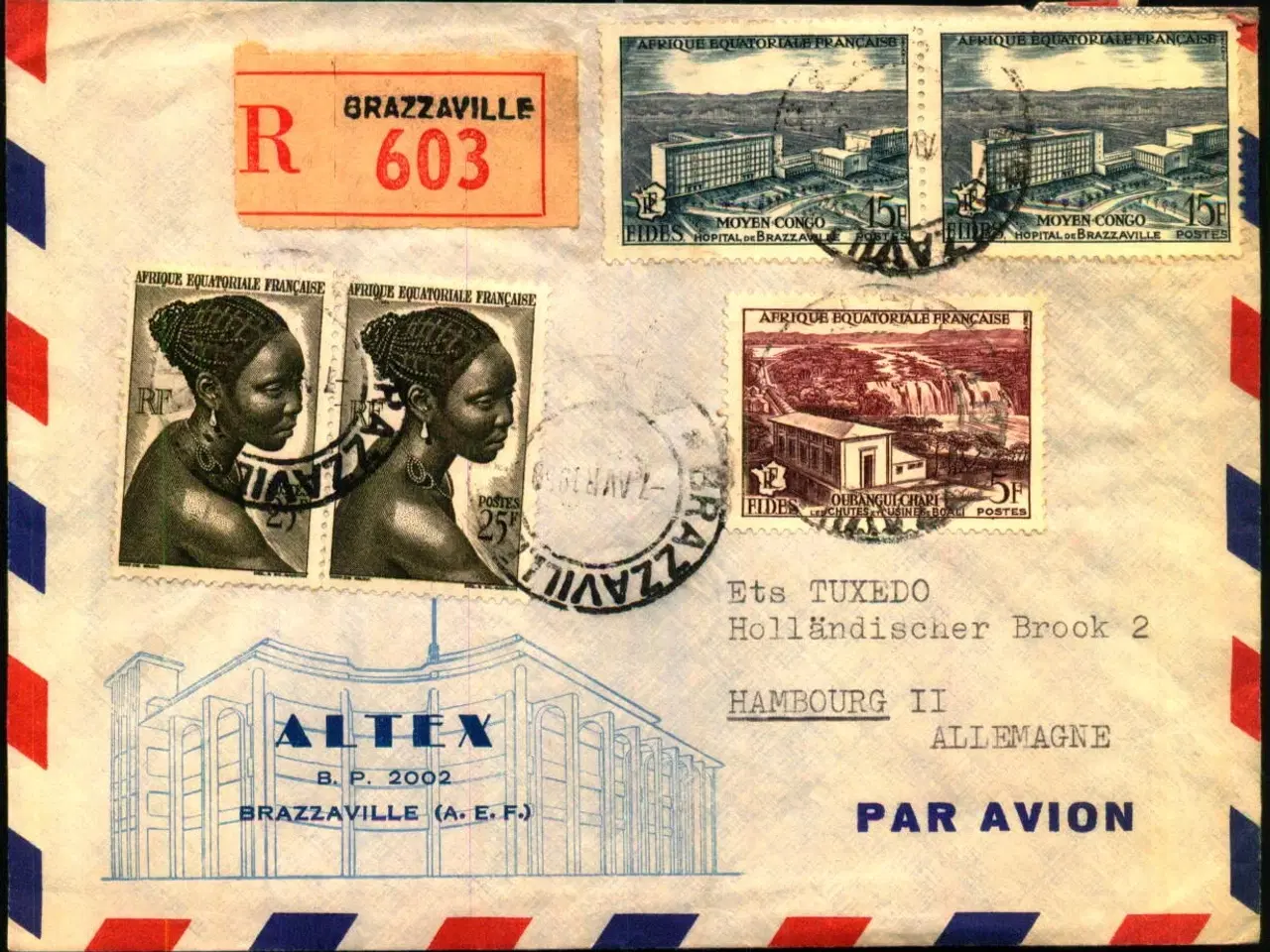 Billede 1 - Luftpost Rekommanderet Brev fra Fransk Oriental Africa til Tyskland - 7 - 4 - 53