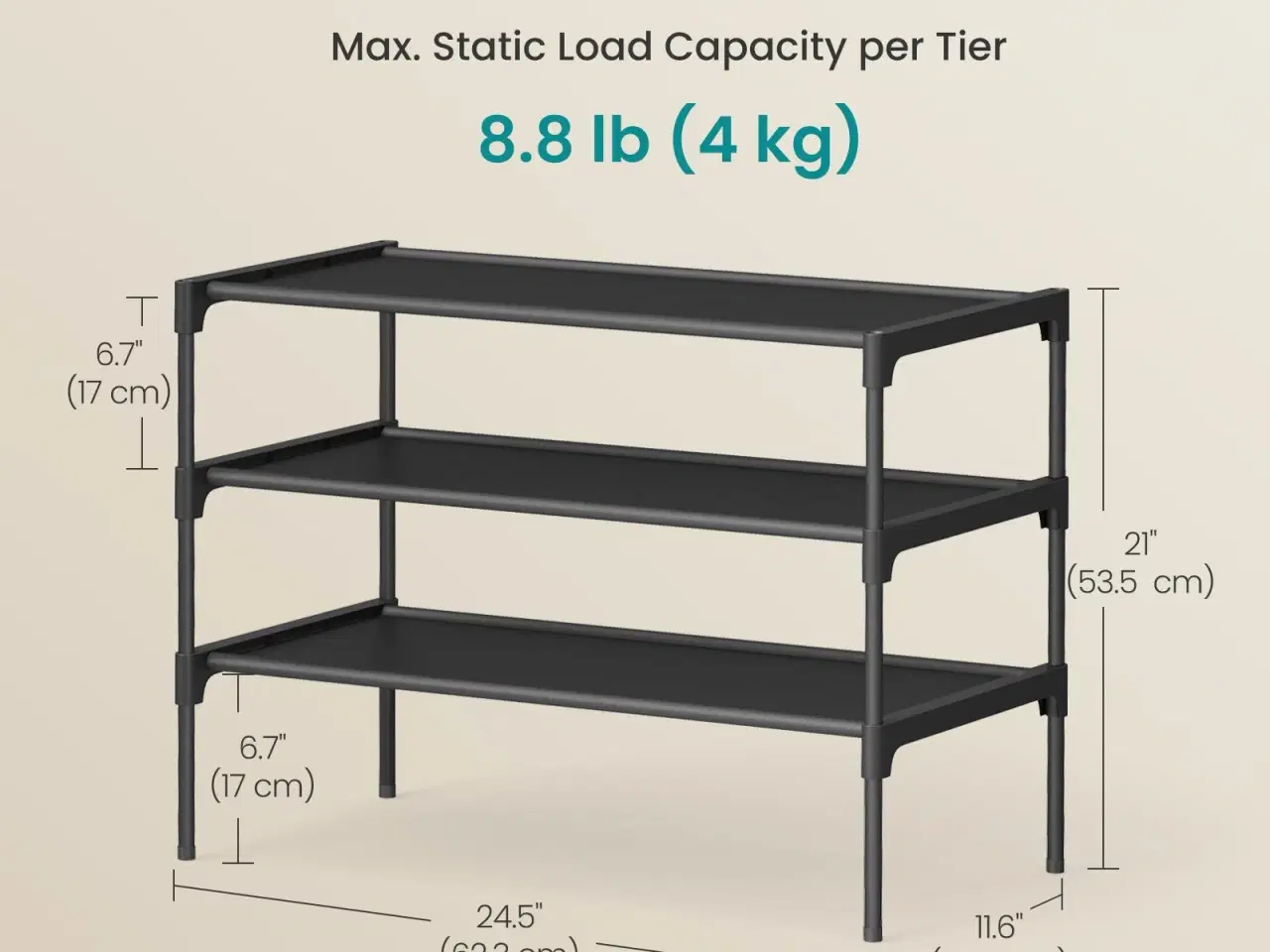 Billede 5 - Skostativ med 3 hylder – pladsbesparende skoreol i metal med non-woven hylder, ink black