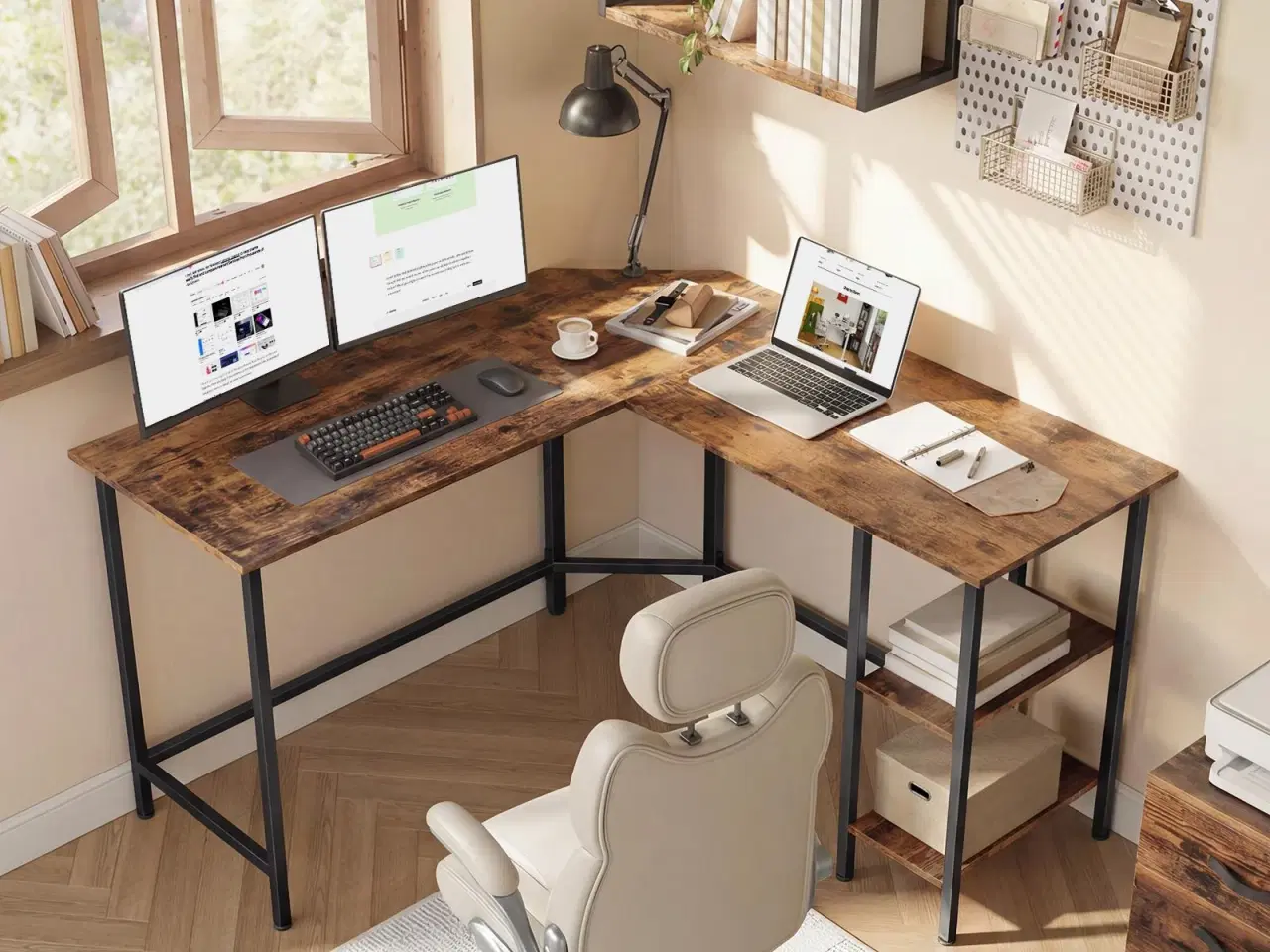 Billede 2 - L-formet hjørneskrivebord 130 × 130 × 76 cm med 2 hylder – rustik brun/sort