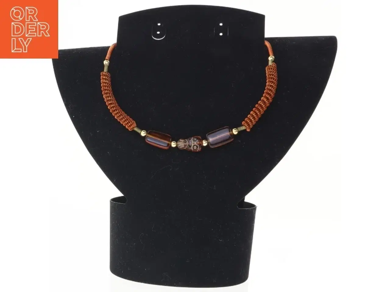 Billede 1 - Halskæde med flettede detaljer og brune perler (str. 60 cm)