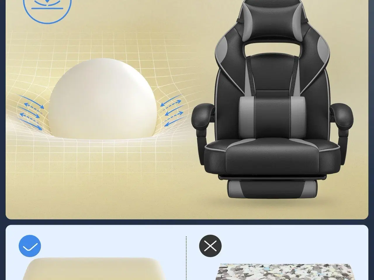 Billede 7 - Kontorstol gaming med fodstøtte ergonomisk, sort/grå