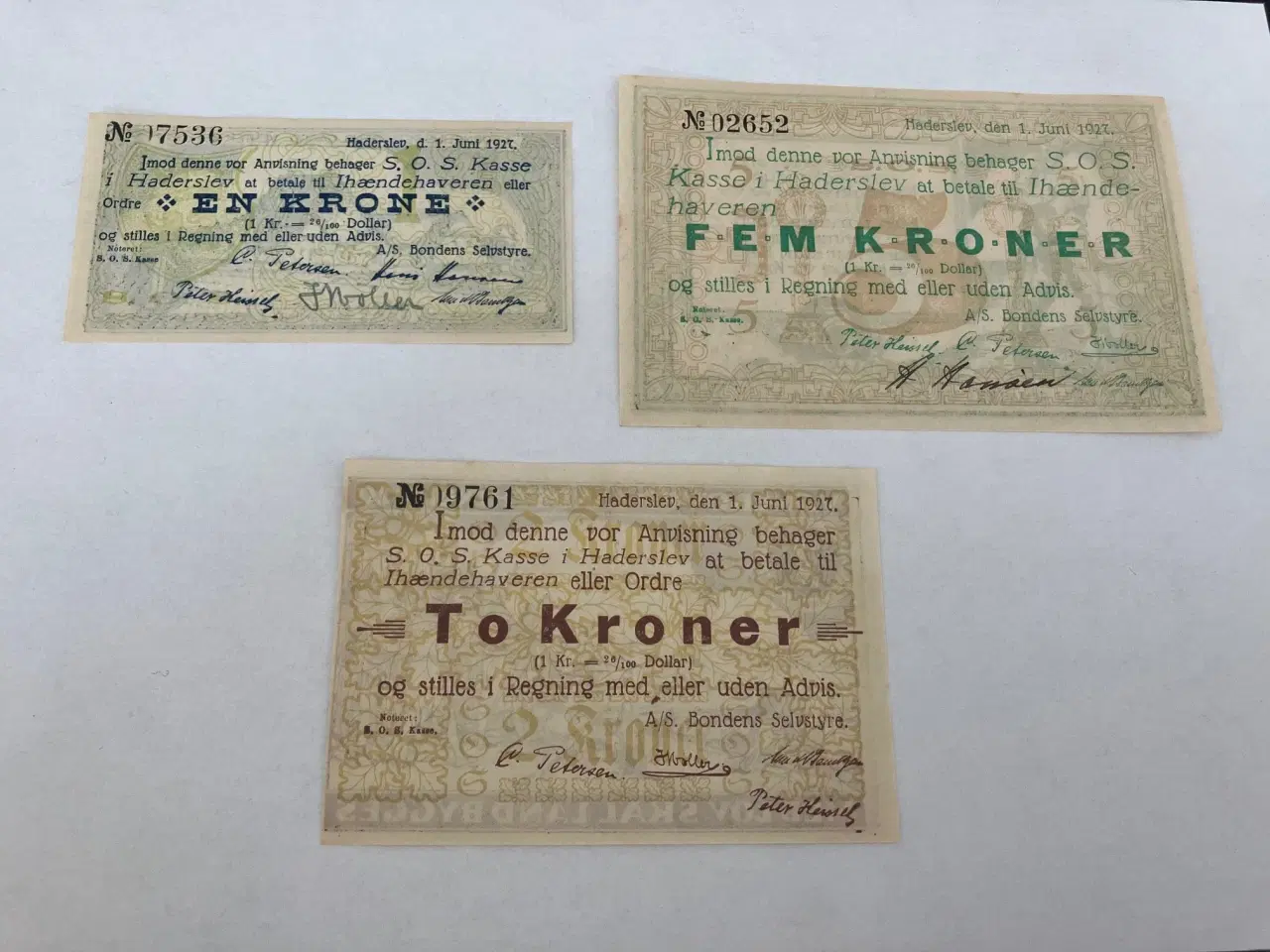 Billede 1 - 3 stk S.O.S Kasse Haderslev sedler - Pæne