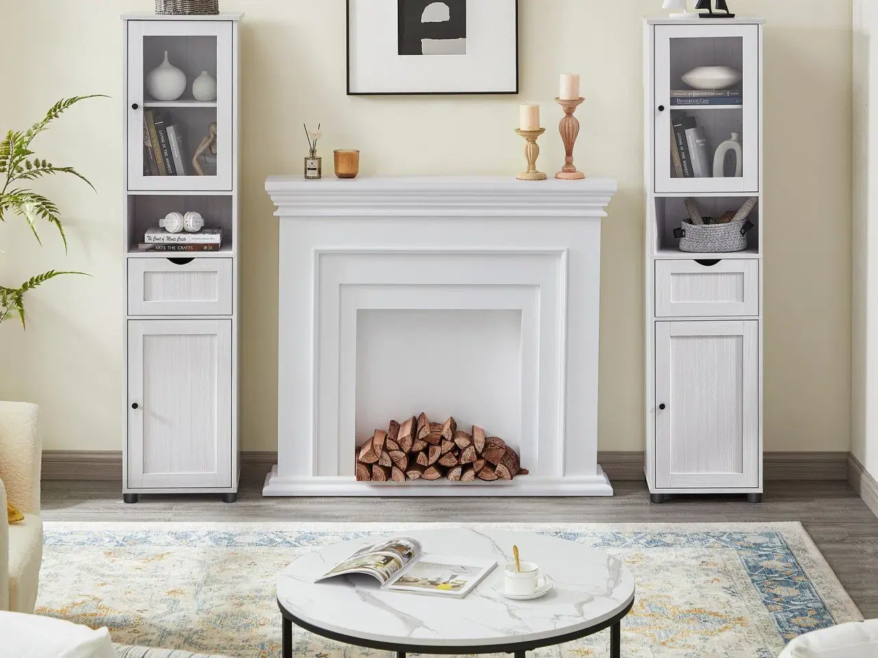 Billede 3 - Højt badeværelsesskab VASAGLE – smalt kolonnemøbel med justerbare hylder, glasdør og skuffe, hvid træstruktur (BBK163T44)