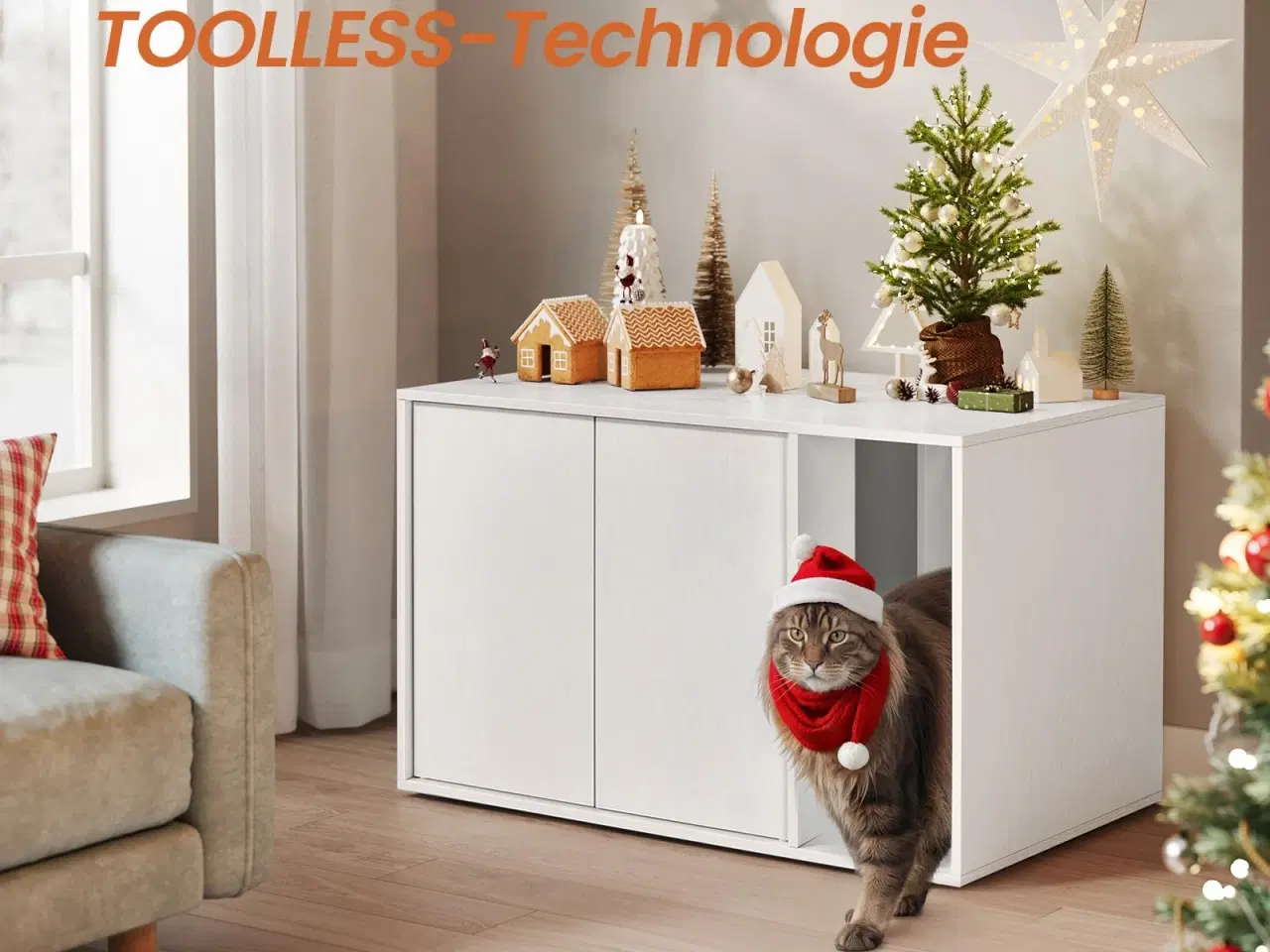 Billede 6 - Kattebakke-skab med sidebord HOME, hurtig samling uden værktøj, til store katte, push-to-open låger, minimalistisk sofabord, Snehvid (PCL013W01)