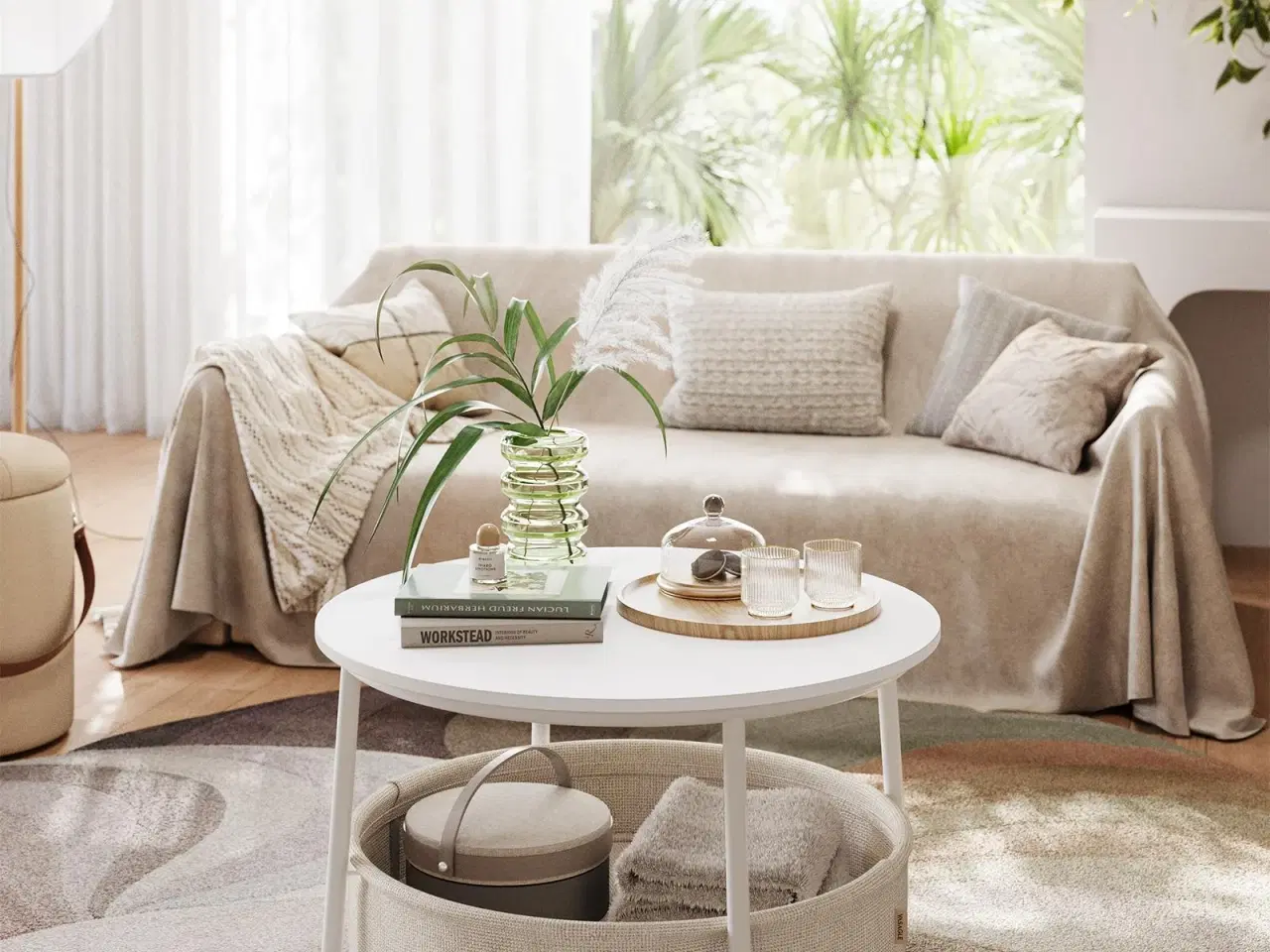 Billede 4 - Sofabord rund med opbevaring – VASAGLE, stofkurv, metalstel, mat hvid/kamelbrun