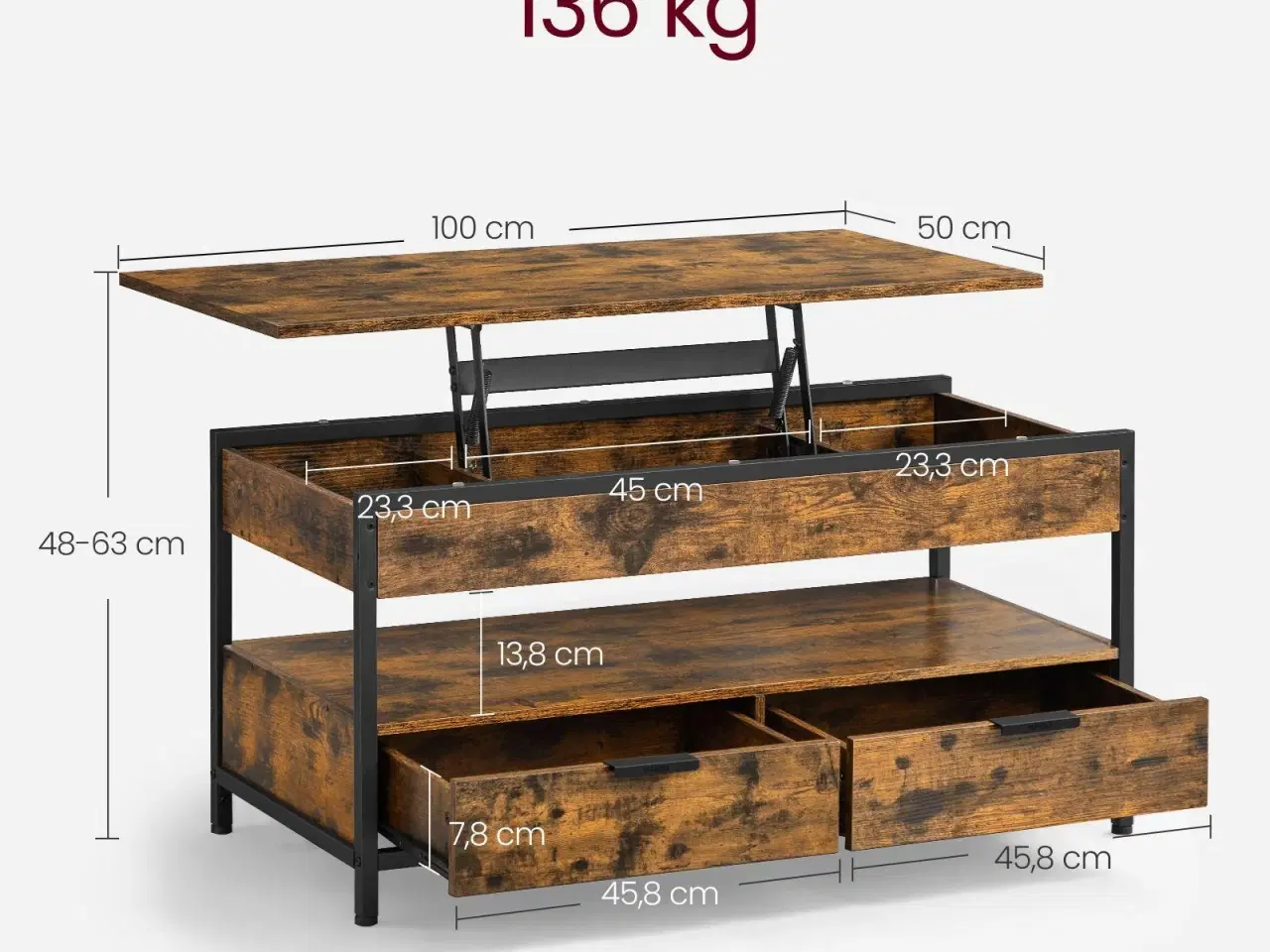 Billede 6 - Sofabord med hæve/sænke-plade skuffer, skjulte rum og åben hylde, rustik brun/sort