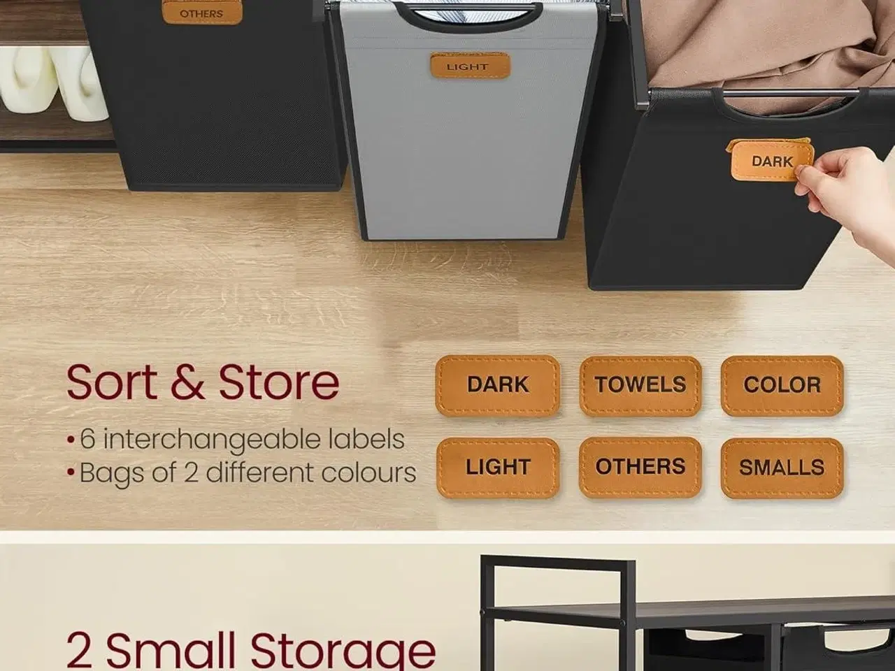 Billede 4 - Vasketøjskurv med 3 rum 150 l sorter, rullevogn med hylder, aftagelige poser, 6 mærker, kastanjebrun/sort/duvegrå