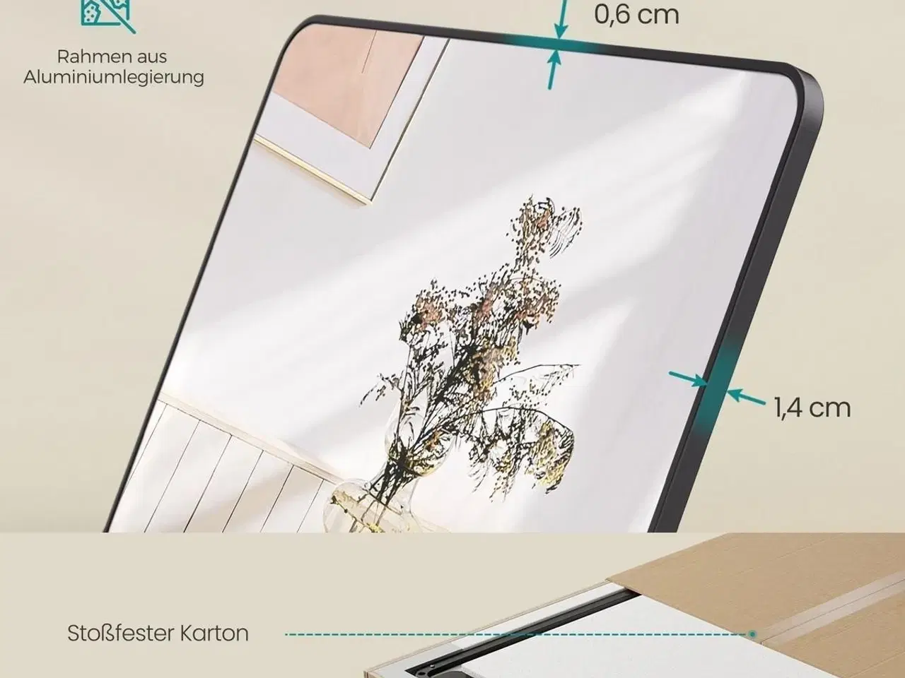 Billede 3 - Gulvspejl fuld længde 160 × 50 cm rektangulært med støtteben, hærdet glas, aluminiumsramme, ink black