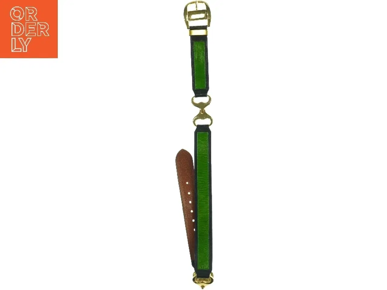 Billede 1 - Grønt læderbælte med guldfarvet spænde (str. Længde. 93 cm. b 4 cm)