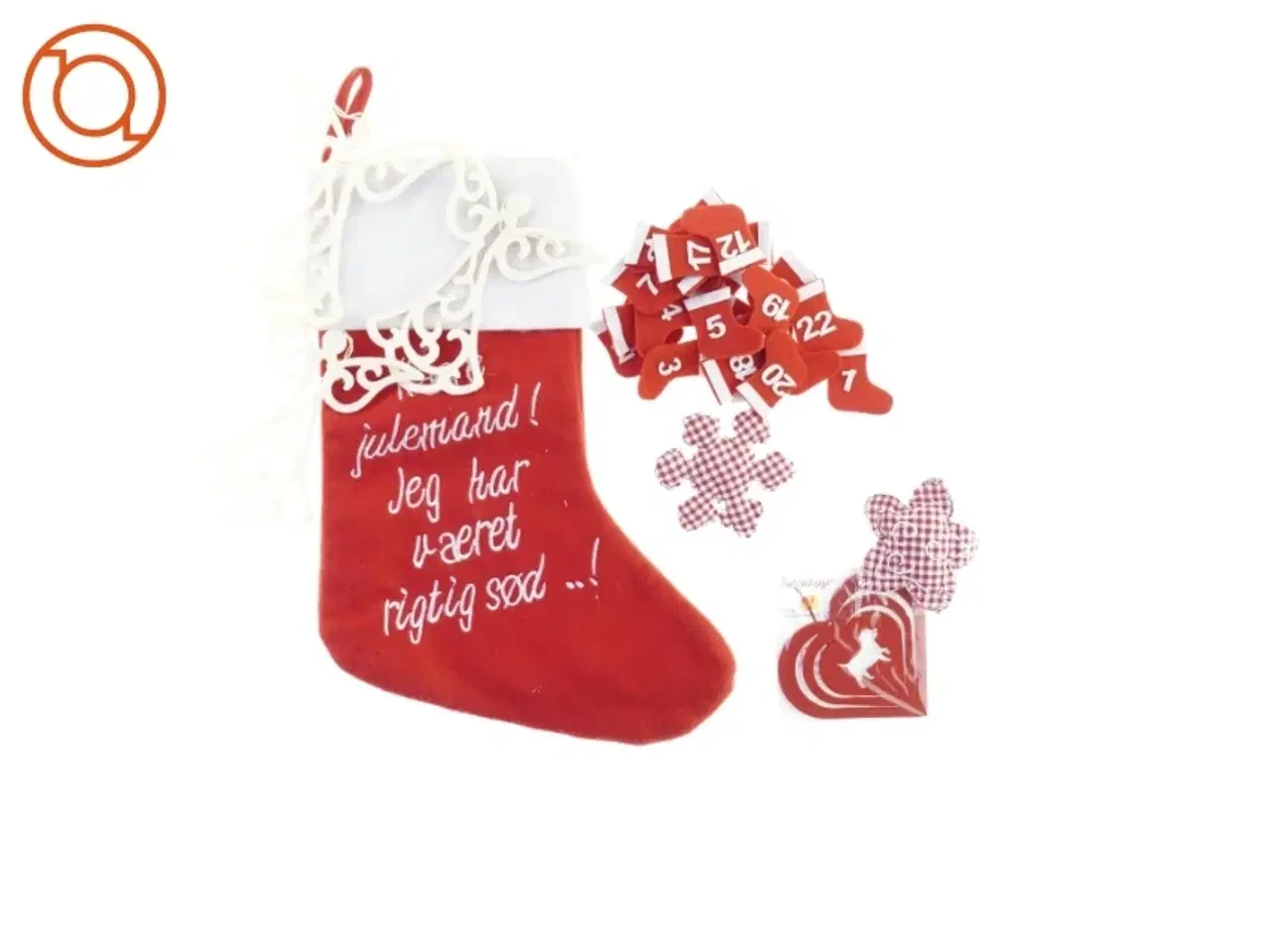 Billede 1 - Julepynt, julekalender med tal, julesok, snefnug, store filtengle og hjerte.