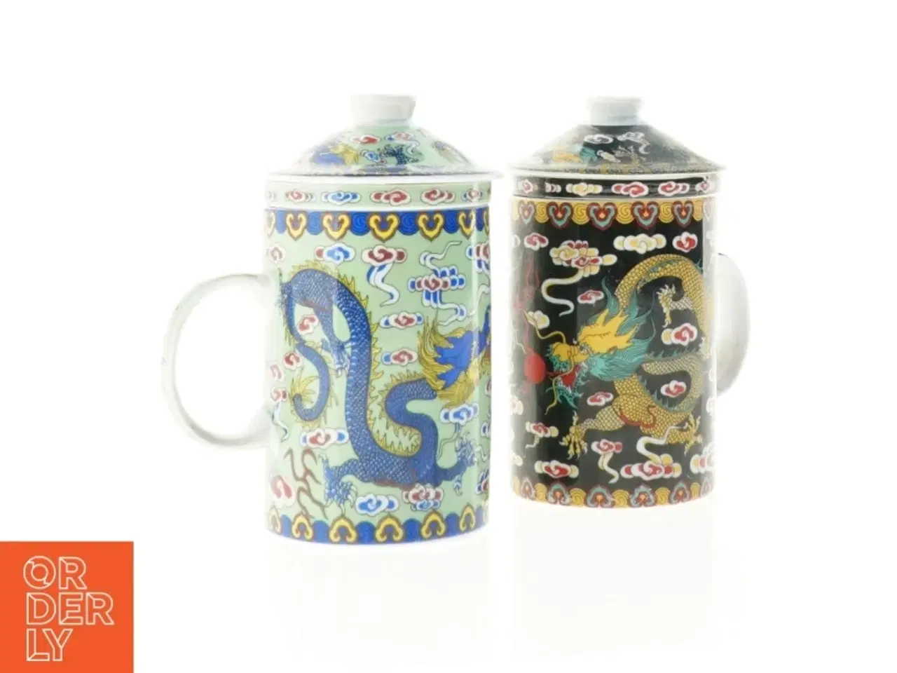 Billede 1 - Dekorerede porcelænskrus med låg (str. 14,5 x 7,5 x 11 cm)