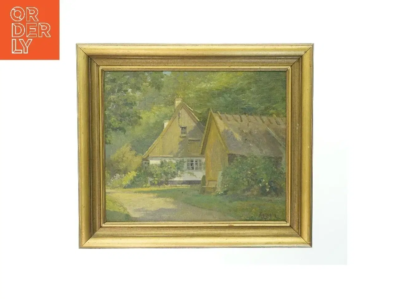 Billede 1 - Olie maleri med landsbyscene i gylden ramme (str. 55x48 cm)