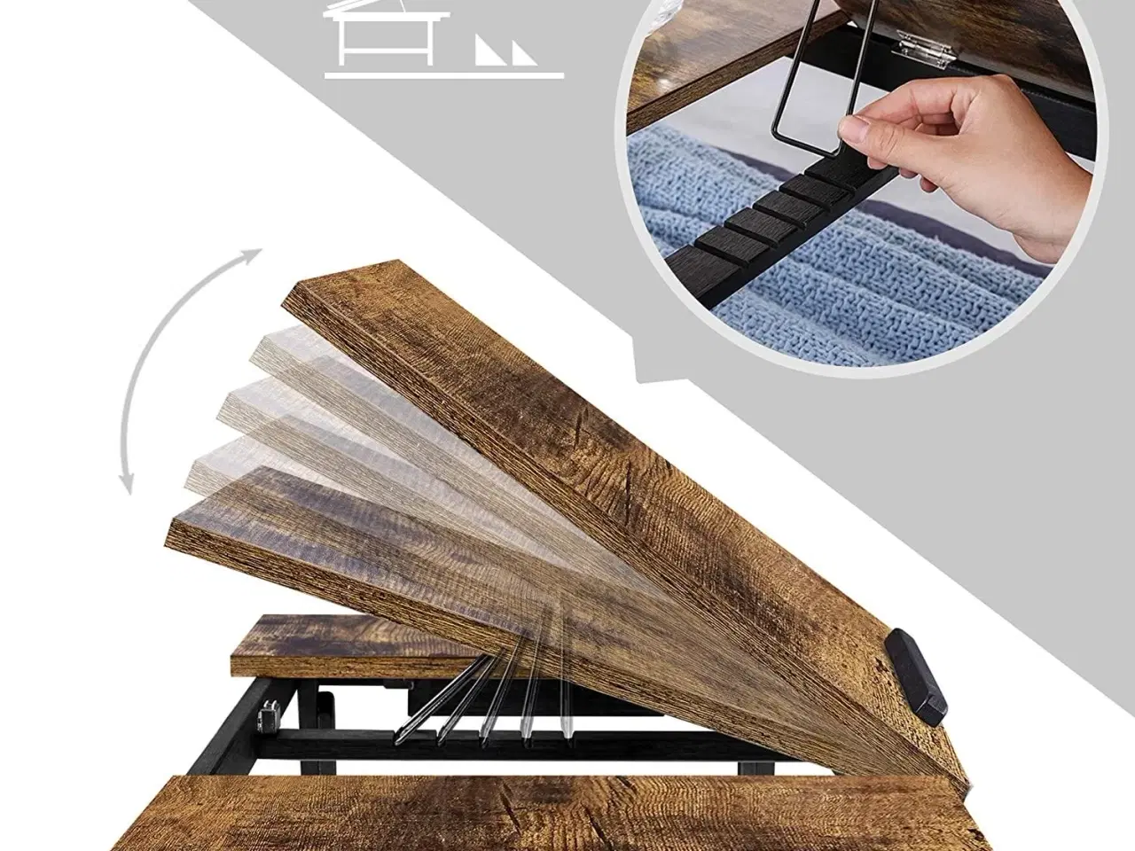 Billede 5 - Bærbar pc bord til seng/sofa justerbar vippeplade, foldeben i højden, skuffe, rustik mørkebrun