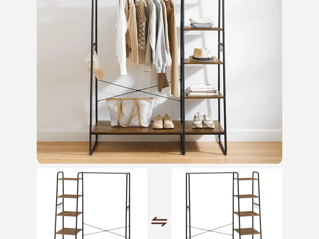 Billede 3 - Tøjstativ med hylder 5 niveauer, skohylde, 6 sidekroge, rustik brun/sort