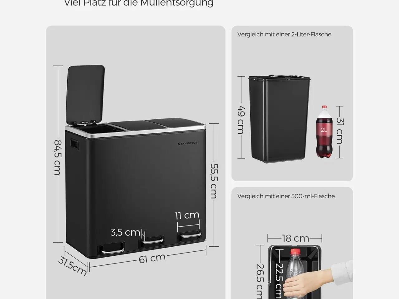 Billede 7 - Skraldespand til affaldssortering 3 x 18 l – SONGMICS pedalspand, sort