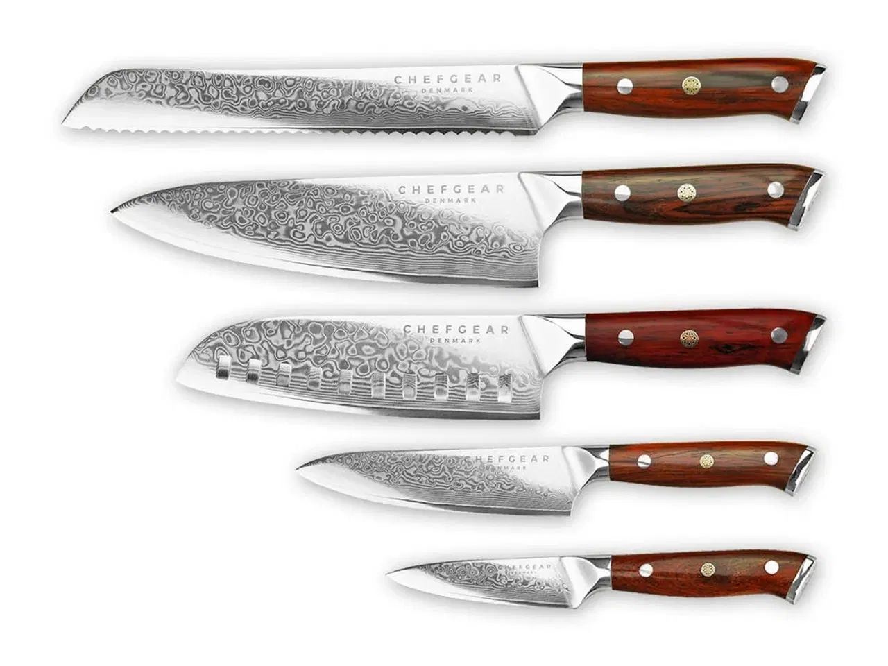 Billede 1 - Stort knivsæt udført i 67 lags Damaskus stål.