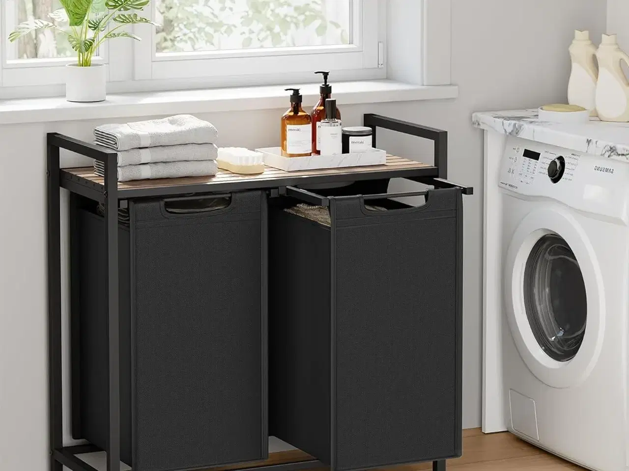 Billede 2 - Vasketøjskurv med 2 rum – VASAGLE, udtrækbare poser, hylde, metalstel, 2 × 46 l, 73 × 33 × 72 cm, kamelbrun/sort