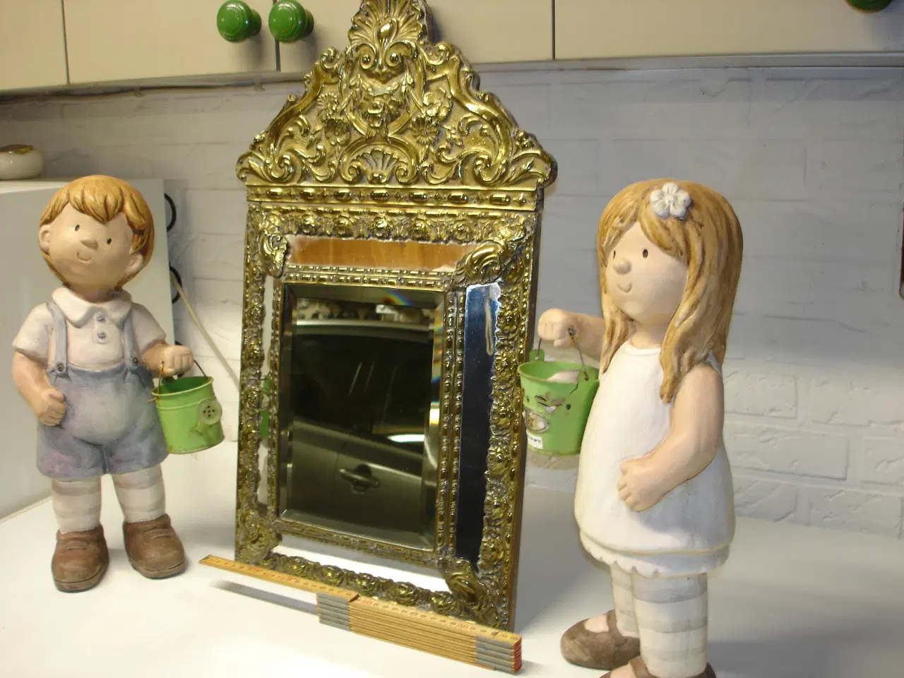 Billede 3 - Antik Messing på træ facet slebet spejl