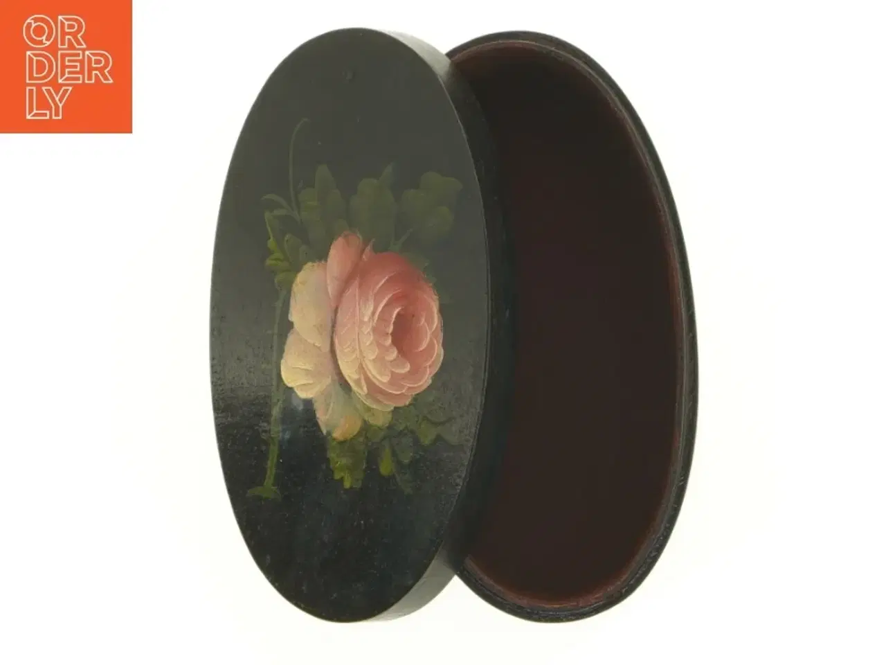 Billede 1 - Oval trææske med blomstermotiv (str. 20 x 11 cm)
