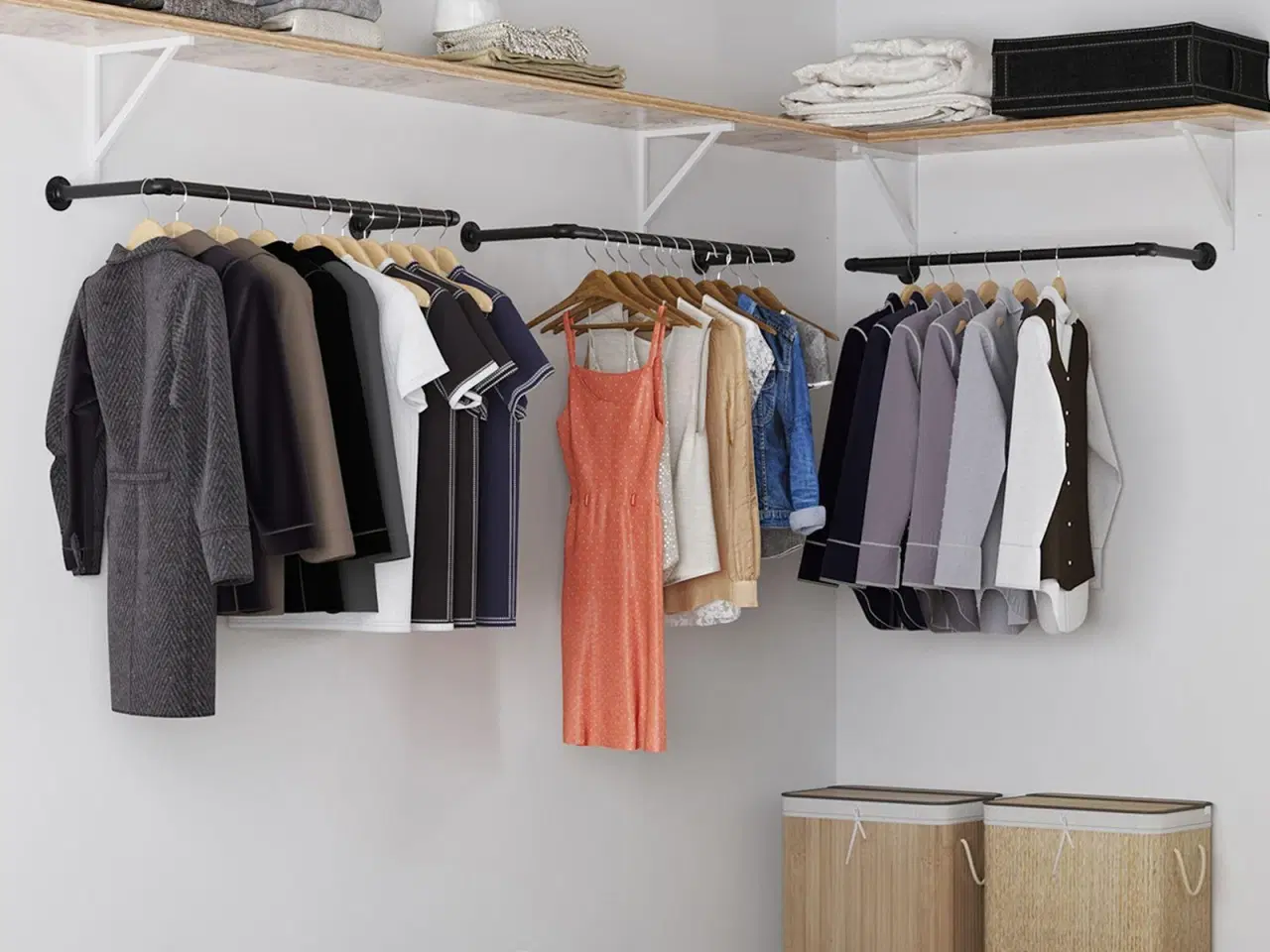 Billede 2 - Tøjstang væghængt sæt af 2, industrielt rørdesign, pladsbesparende, 92 × 30 × 7,5 cm, sort