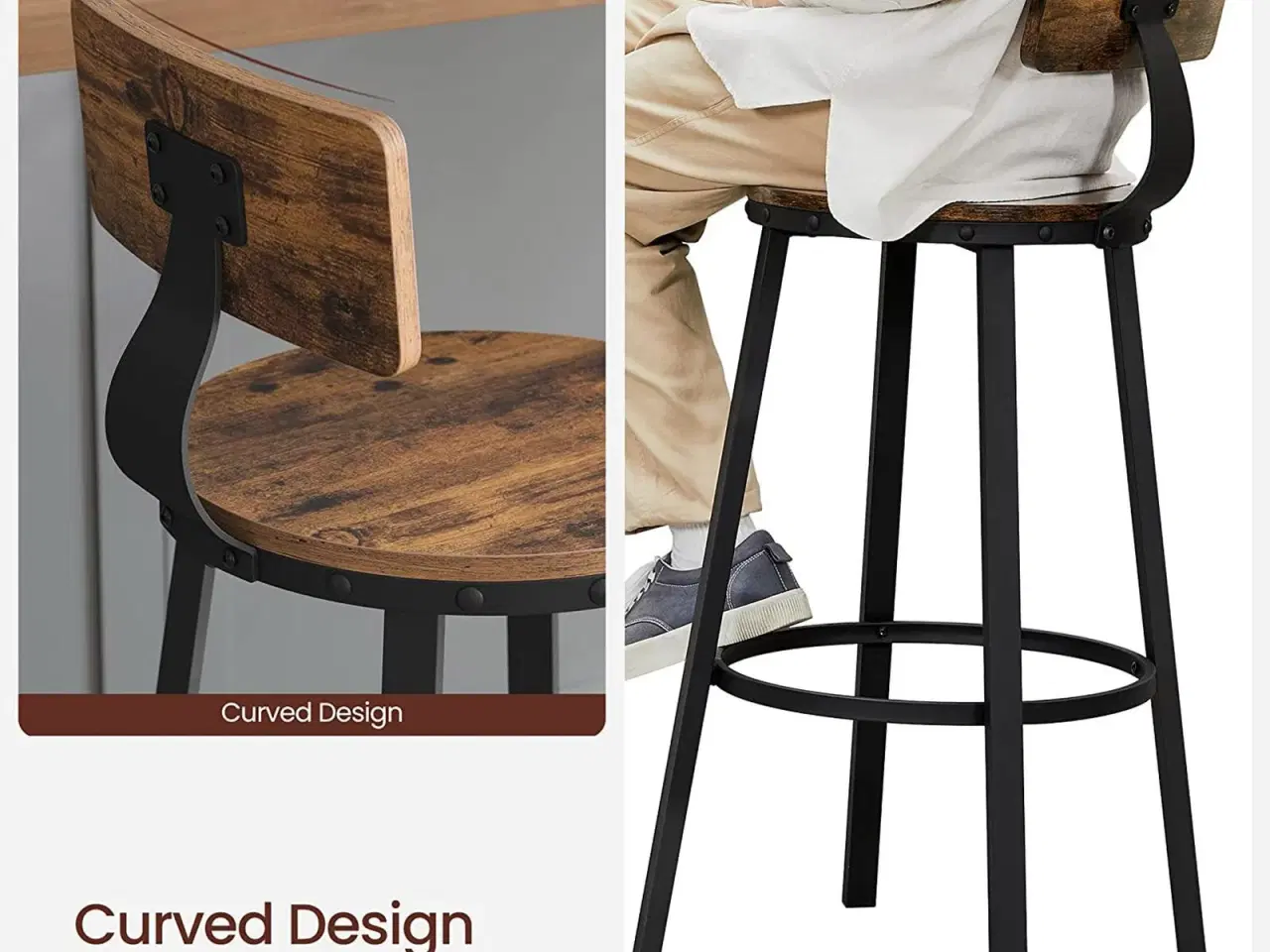 Billede 7 - Barstole sæt á 2 med ryglæn, 73 cm, industrielt design, rustik brun/sort